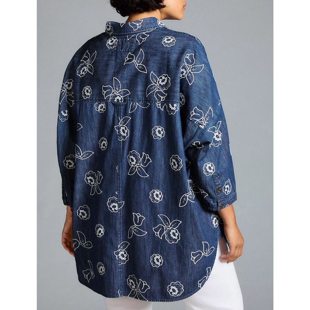 Maeve Anthropologie Oversized Denim Button Up Shirt 1X Embroidered Floral Cotton - Picture 2 of 14
